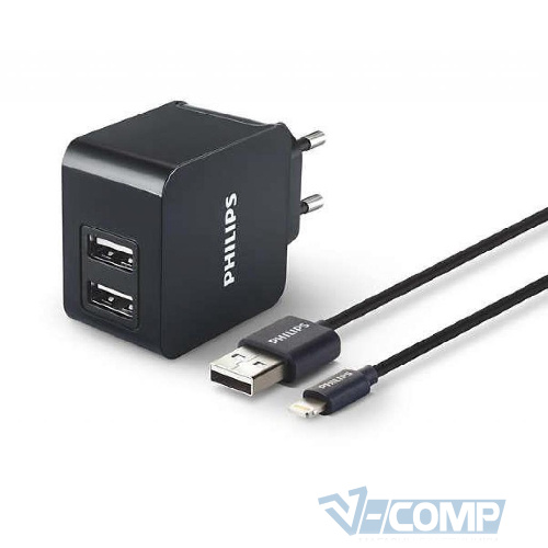 Сетевое зарядное устройство PHILIPS 2xUSB 3.1А Black+Кабель Apple Lightning