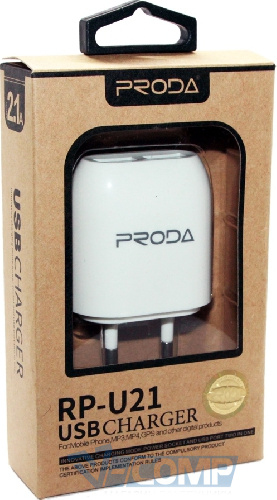 Сетевое зарядное устройство Remax Proda, 2xUSB, 5V / 2.1A White