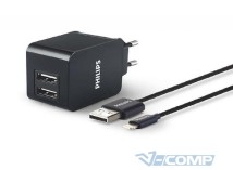 Сетевое зарядное устройство PHILIPS 2xUSB 3.1А Black+Кабель Apple Lightning